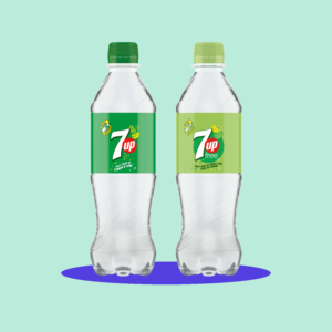 Two 7Up bottles which now have clear plastic where previously they were green